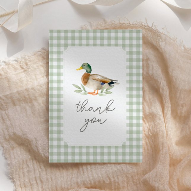 Sage Green Gingham Duck Baby Shower Thank You Card (Creator Uploaded)
