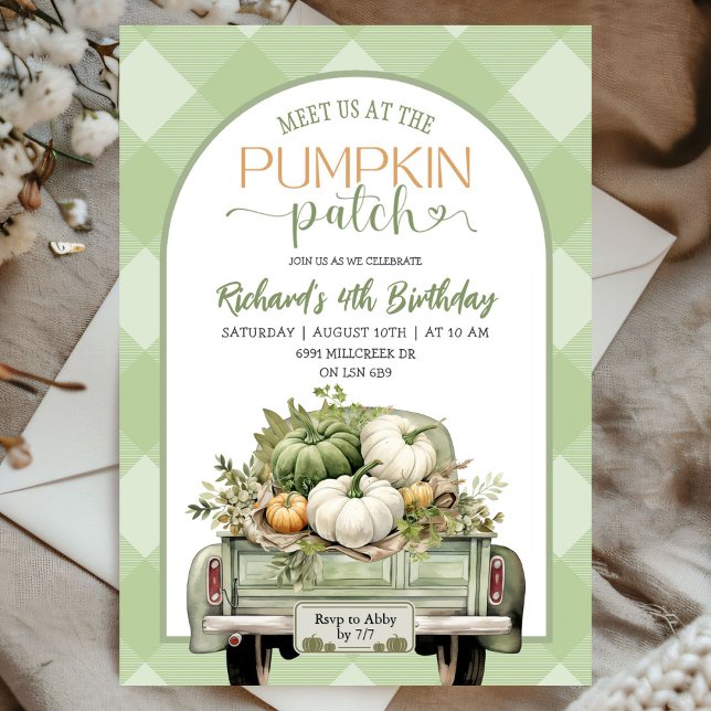 Sage Green Gingham Fall Pumpkin Patch Birthday Invitation (Creator Uploaded)