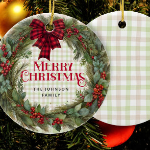 Sage Green Gingham Farmhouse Christmas Wreath Ceramic Tree Decoration