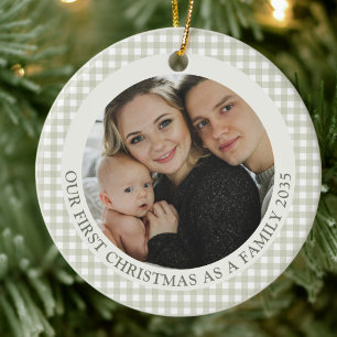 Sage Green Gingham First Christmas as a Family Ceramic Tree Decoration