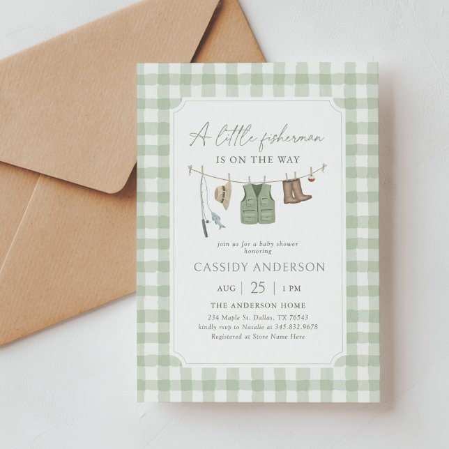Sage Green Gingham Fishing Baby Shower Invitation (Creator Uploaded)