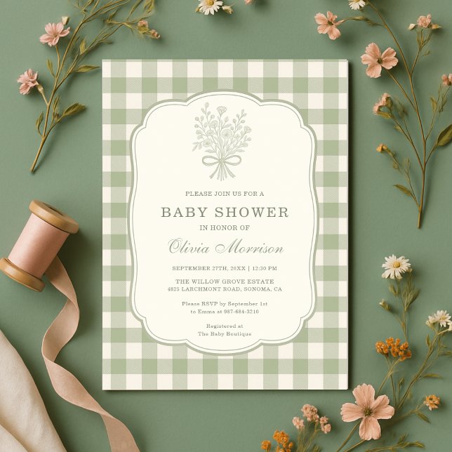 Sage Green Gingham Floral Bow Baby Shower Invitation (Creator Uploaded)
