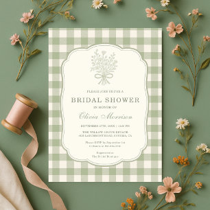 Sage Green Gingham Floral Bow Bridal Shower Invitation