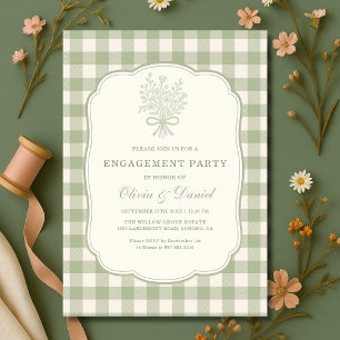 Sage Green Gingham Floral Engagement Party Invitation