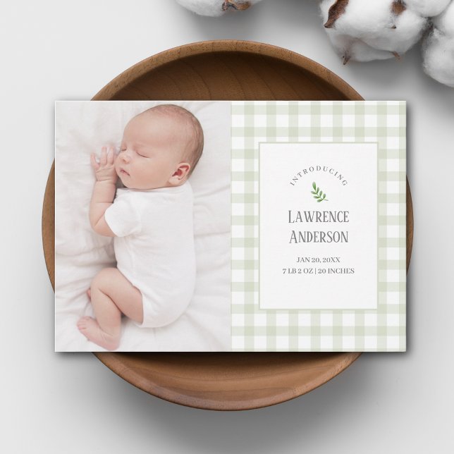 Sage Green Gingham Gender Neutral 2 Photo Birth Announcement (Creator Uploaded)