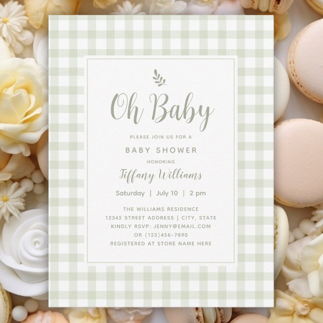 Sage Green Gingham Gender Neutral Oh Baby Shower Invitation (Creator Uploaded)