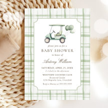 Sage Green Gingham Golf Baby Shower Invitation 