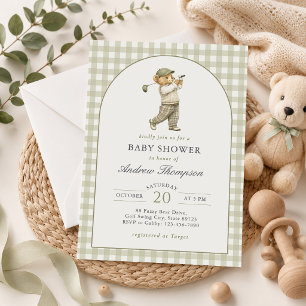 Sage Green Gingham Golf Boy Baby Shower Invitation