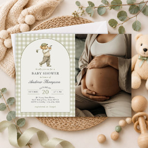 Sage Green Gingham Golf Boy Baby Shower Photo Invitation