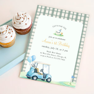 Sage Green Gingham Golf First Birthday Invitation