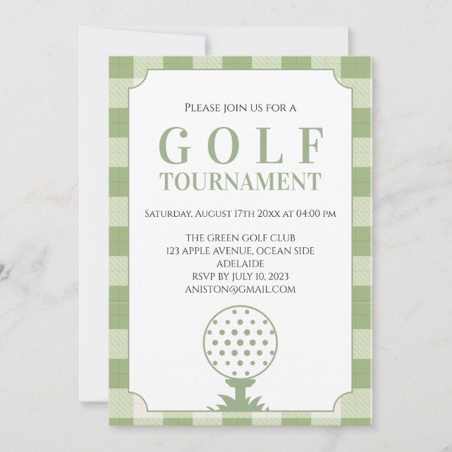 Sage Green Gingham Golf Tournament Invitation (Front)