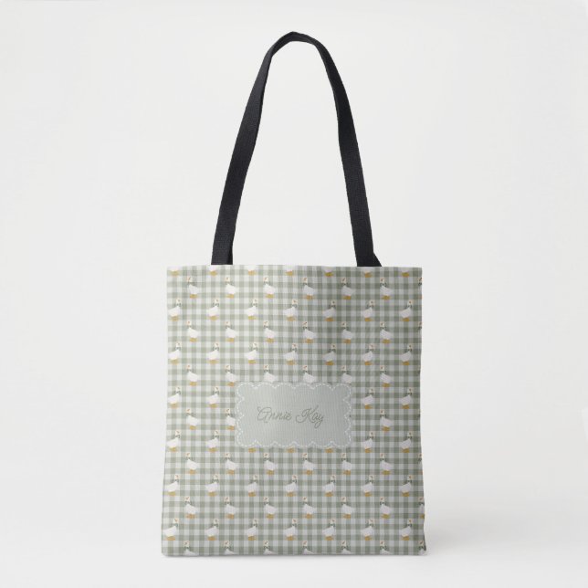 Sage Green Gingham Goose Buffalo Check Custom Name Tote Bag (Front)