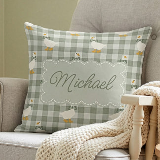 Sage Green Gingham Goose Custom Name Nursery Cushion