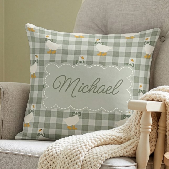 Sage Green Gingham Goose Custom Name Nursery  Cushion (Creator Uploaded)