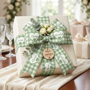 Sage Green Gingham Hearts Custom Couple Names Satin Ribbon