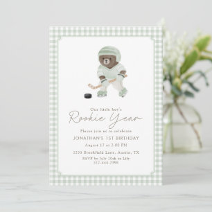 Sage Green Gingham Hockey Rookie Year Teddy Bear  Invitation