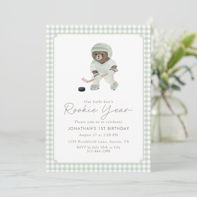 Sage Green Gingham Hockey Rookie Year Teddy Bear  Invitation (Standing Front)
