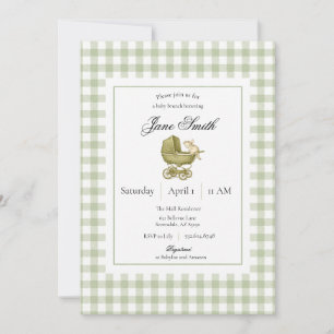 Sage Green Gingham Kitten Baby Shower Invitation