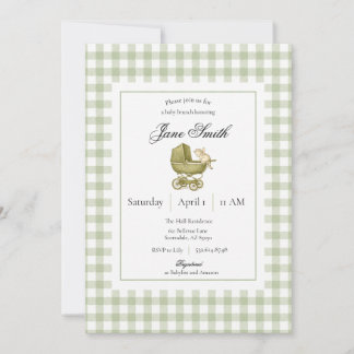 Sage Green Gingham Kitten Baby Shower Invitation