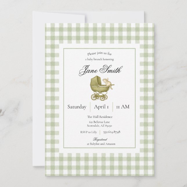 Sage Green Gingham Kitten Baby Shower Invitation (Front)