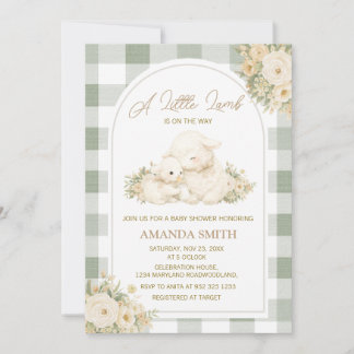 Sage Green Gingham Little Lamb Baby Shower Invitation
