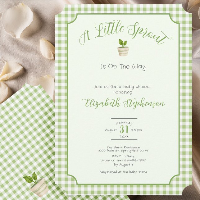 Sage Green Gingham Little Sprout Baby Shower Invitation (Creator Uploaded)