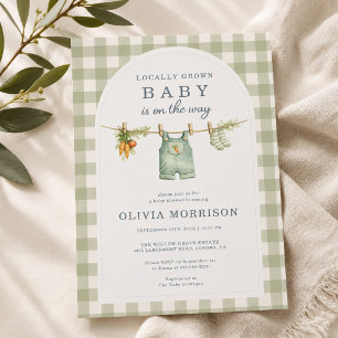 Sage Green Gingham Locally Grown Baby Shower Invitation