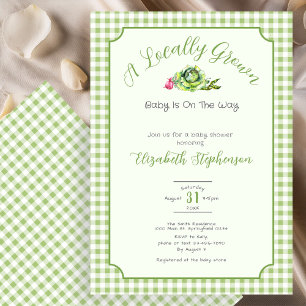 Sage Green Gingham Locally Grown Baby Shower Invitation