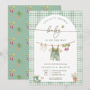 Sage Green Gingham Locally Grown Baby Shower Invitation