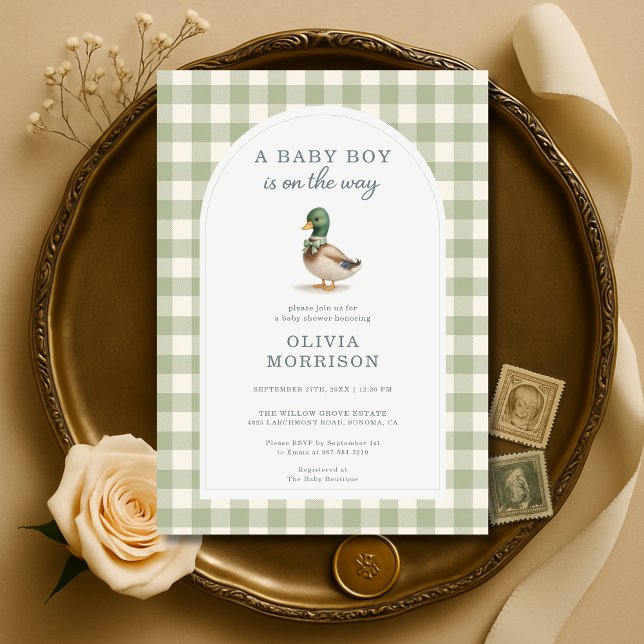 Sage Green Gingham Mallard Duck Bow Baby Shower Invitation (Creator Uploaded)