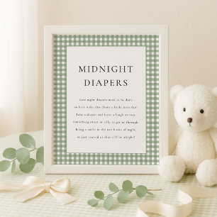 Sage Green Gingham Midnight Diaper Baby Shower Poster