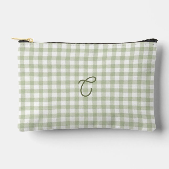 Sage Green Gingham Monogram Makeup Bag  (Front)
