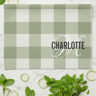 Sage green gingham monogram name tea towel