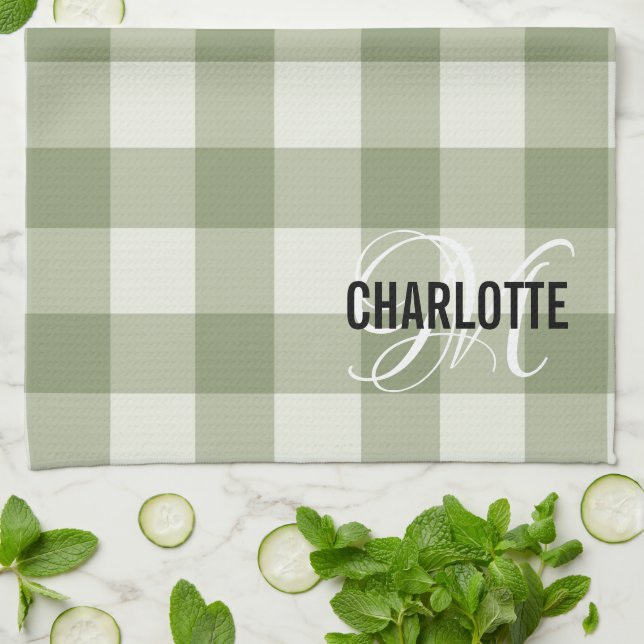 Sage green gingham monogram name tea towel (Folded)