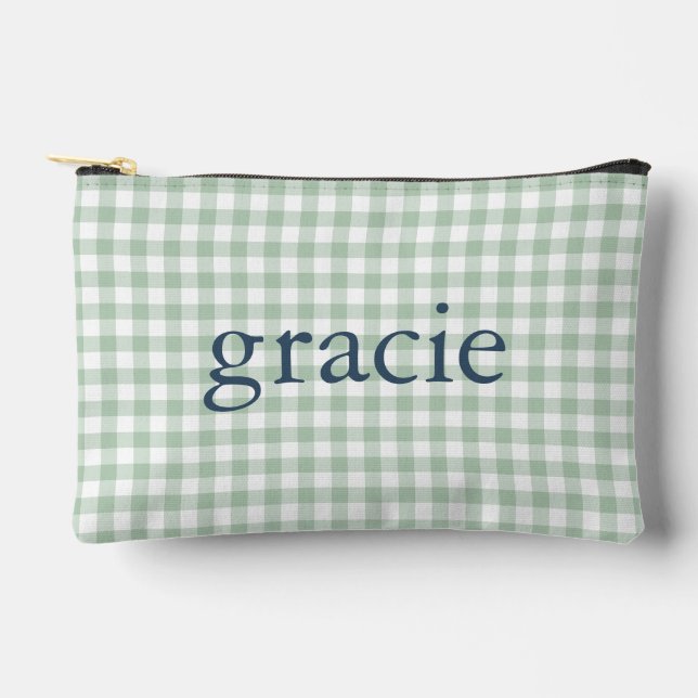 Sage Green Gingham Monogrammed Accessory Pouch (Front)