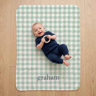 Sage Green Gingham Monogrammed Sherpa Blanket