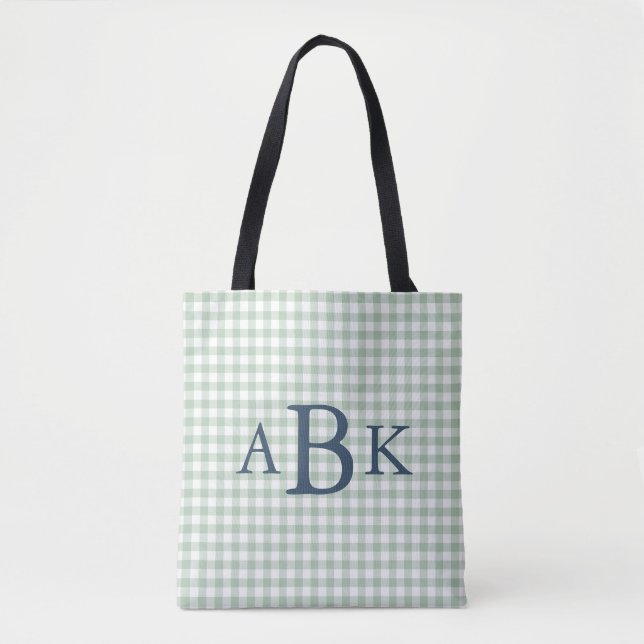 Sage Green Gingham Monogrammed Tote Bag (Front)