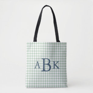 Sage Green Gingham Monogrammed Tote Bag