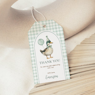 Sage Green Gingham One Lucky Duck Balloon Birthday Gift Tags