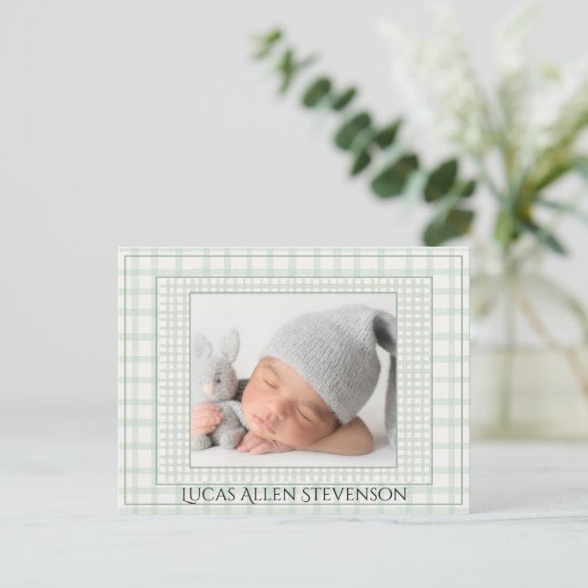 Sage Green Gingham One Photo Gender Neutral Birth Announcement Postcard (Standing Front)