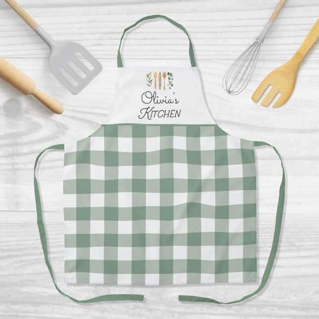 Sage Green Gingham Pattern Farmhouse Cottagecore Apron (In situ)