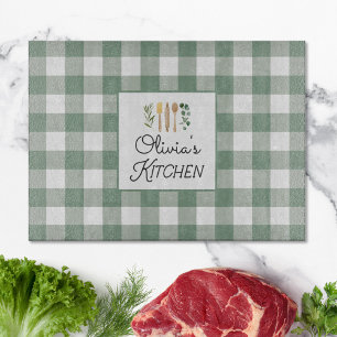 Sage Green Gingham Pattern Farmhouse Cottagecore Cutting Board