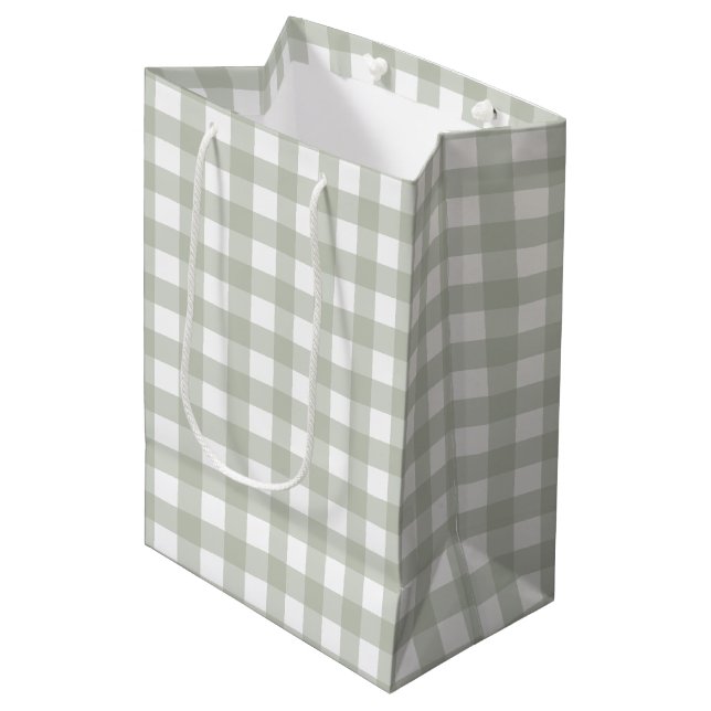 Sage Green Gingham Pattern Medium Gift Bag (Front Angled)