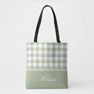 Sage Green Gingham   Personalised Tote Bag
