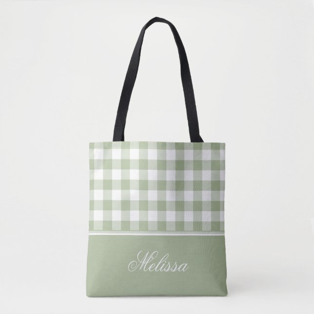 Sage Green Gingham | Personalised Tote Bag (Front)