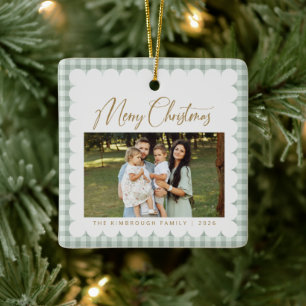 Sage Green Gingham Photo Merry Christmas Ceramic Ornament