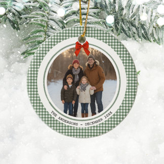 Sage Green Gingham Plaid Circle Photo Christmas Ceramic Tree Decoration