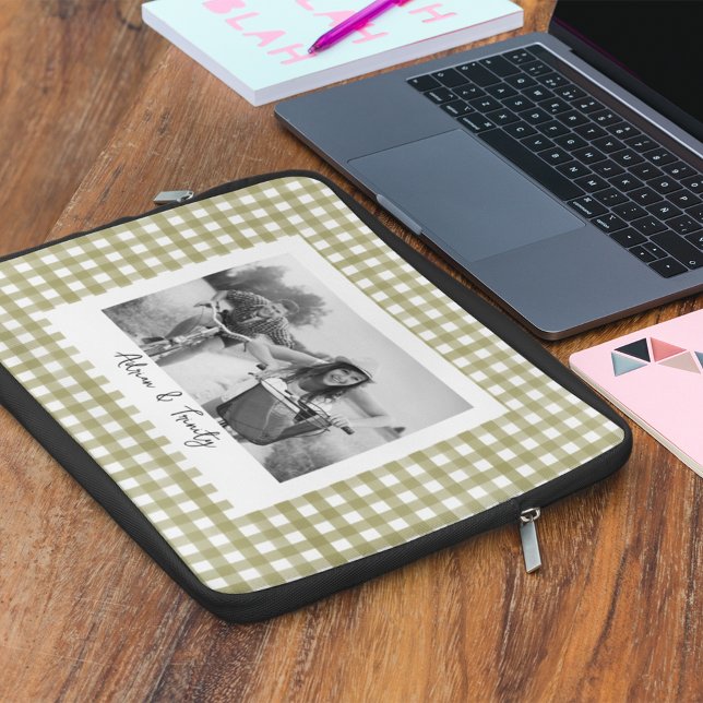 Sage Green Gingham Plaid Custom Photo Laptop Sleeve (Creator Uploaded)