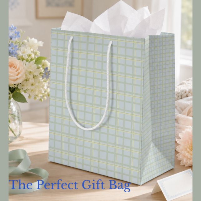 Sage Green Gingham Plaid Gift Bag | Classic Check  (Pastel plaid gift bag for birthdays, baby gifts, spring celebrations and elegant everyday gifting!)