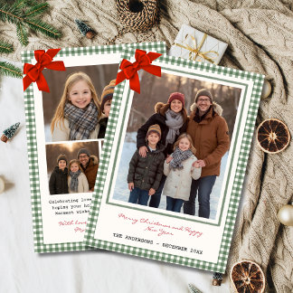 Sage Green Gingham Plaid Multi Photo Christmas Holiday Card
